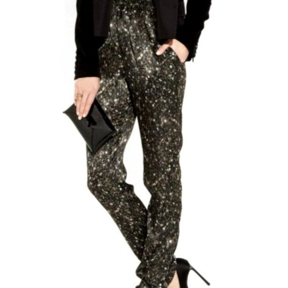 Lanvin Pants - Lanvin Black And Gold Silk Sequin Print Elastic Waist Tapered Leg Pants Size XL